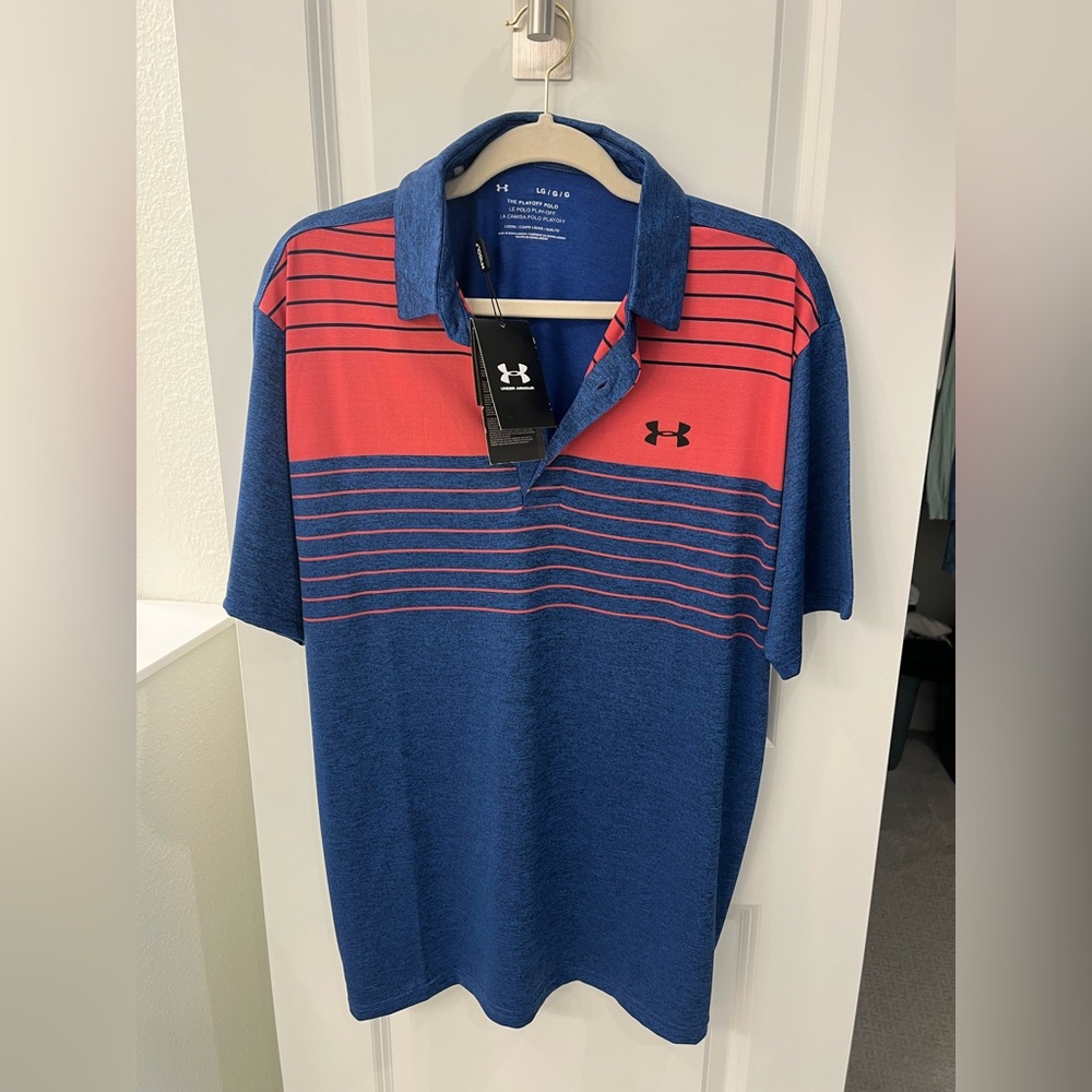 Under Armour Men's Blue and Red Striped Polo Shirt